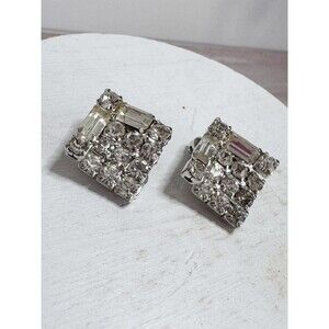 Vintage Clear Rhinestone Clip On Earrings Baguettes Mid Century Glam Eveningwear